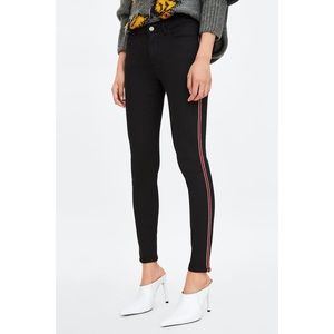 Zara Z1975 Black Mid Rise Skinny Jeans Red Stripe, Size 4